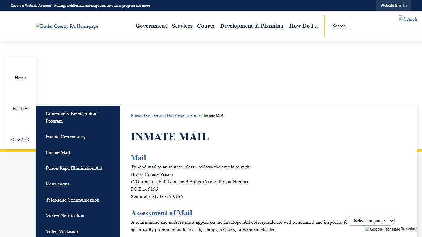 Inmate Mail | Butler County, PA